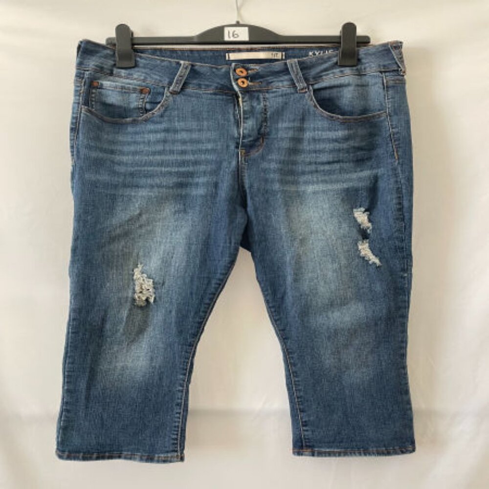 Kylie Womens Denim Blue High Rise Distressed Curvy Skinny Capri Jeans Size 16